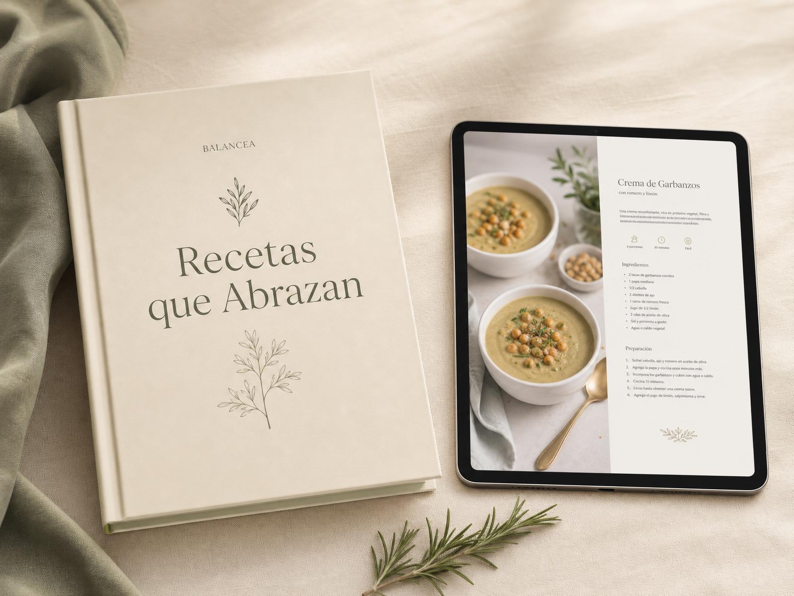 Vista del libro Recetas que Abrazan junto a la aplicación en tablet